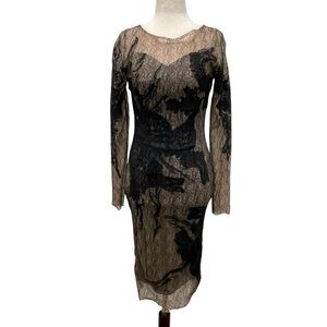 Rene Ruiz Embroidered Mesh Long Sleeve Black Nude Cocktail Dress Size 2